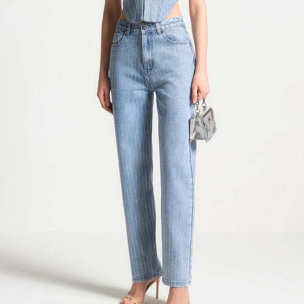 NWT MANIERE DE VOIR Rhinestone Mom Jeans Blue size US 10